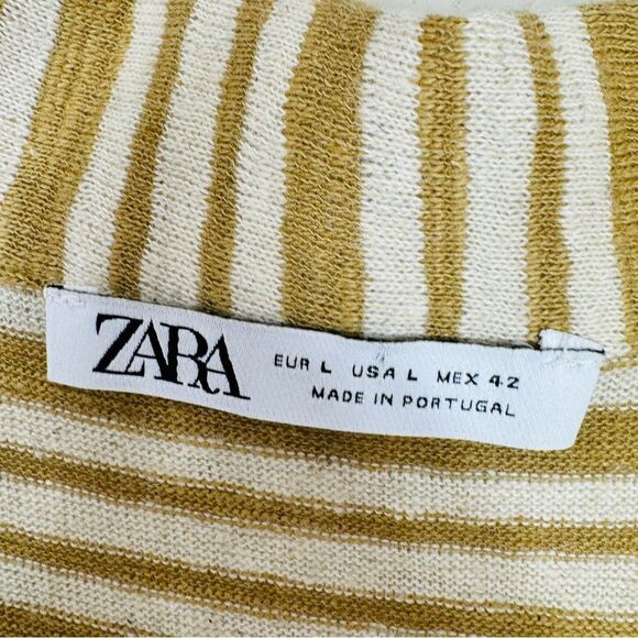 Zara Striped Cotton Linen Knit Button Up T Shirt Tan Large Short Sleeve Camp - Picture 9 of 12